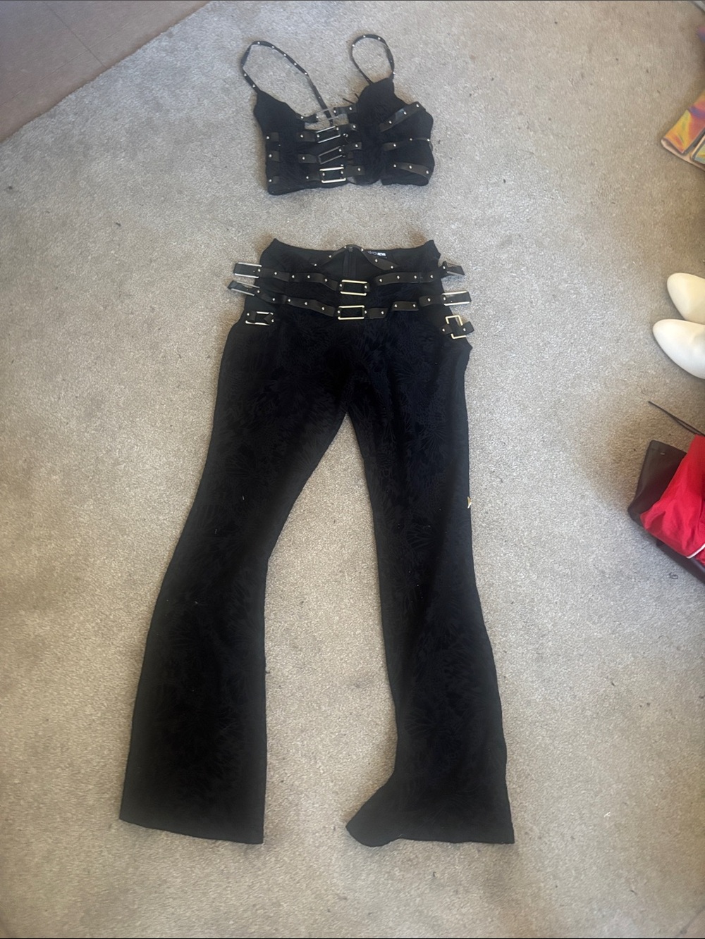 Fashion nova Black Buckle Crop Top and High-Waist Flared Pants Set